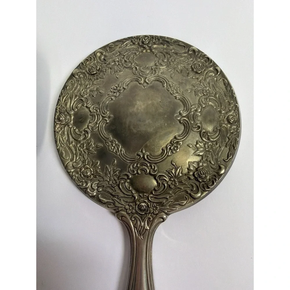Vintage Ornate‎ Silver Plated Repousse Rose Vanity Hand Mirror and Brush Set